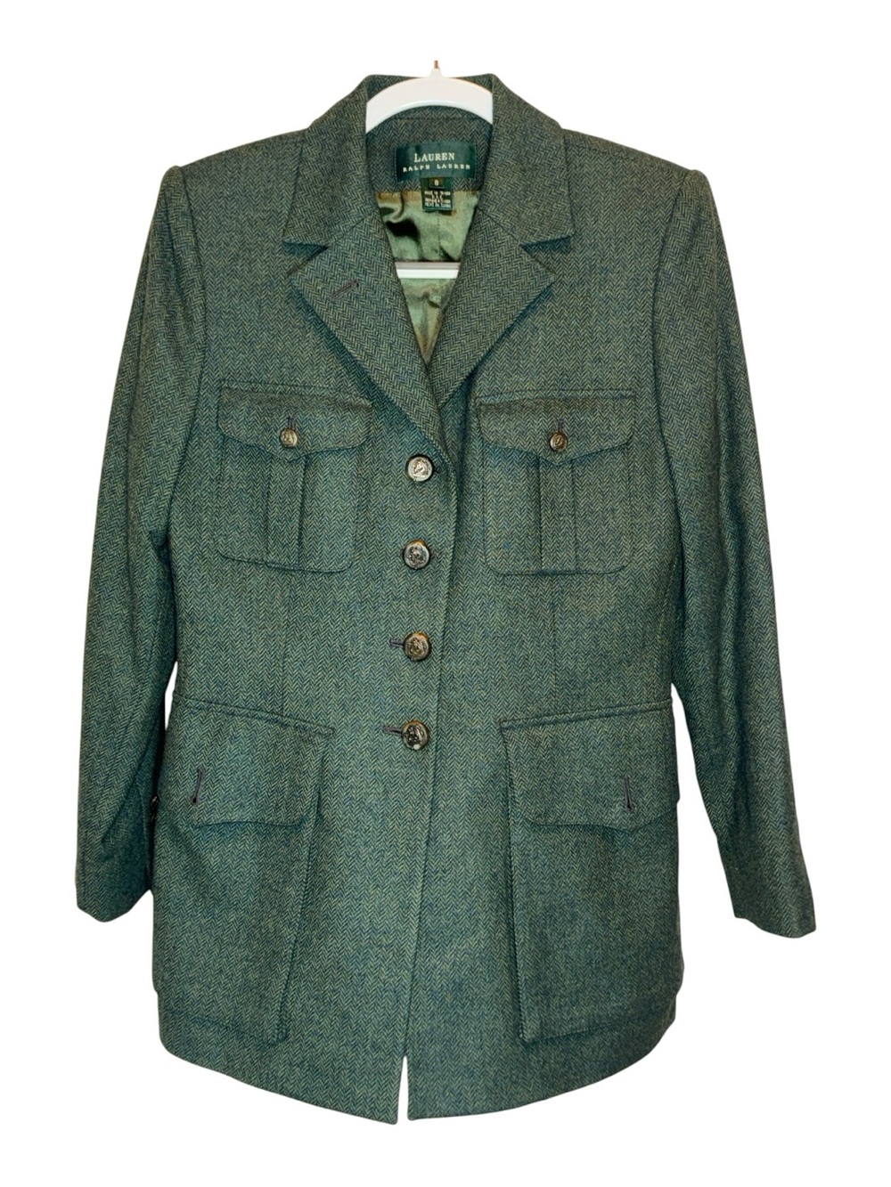 Lauren Ralph Lauren Vintage Green Tweed Wool Blazer Sz 8 Equestrian Herringbone